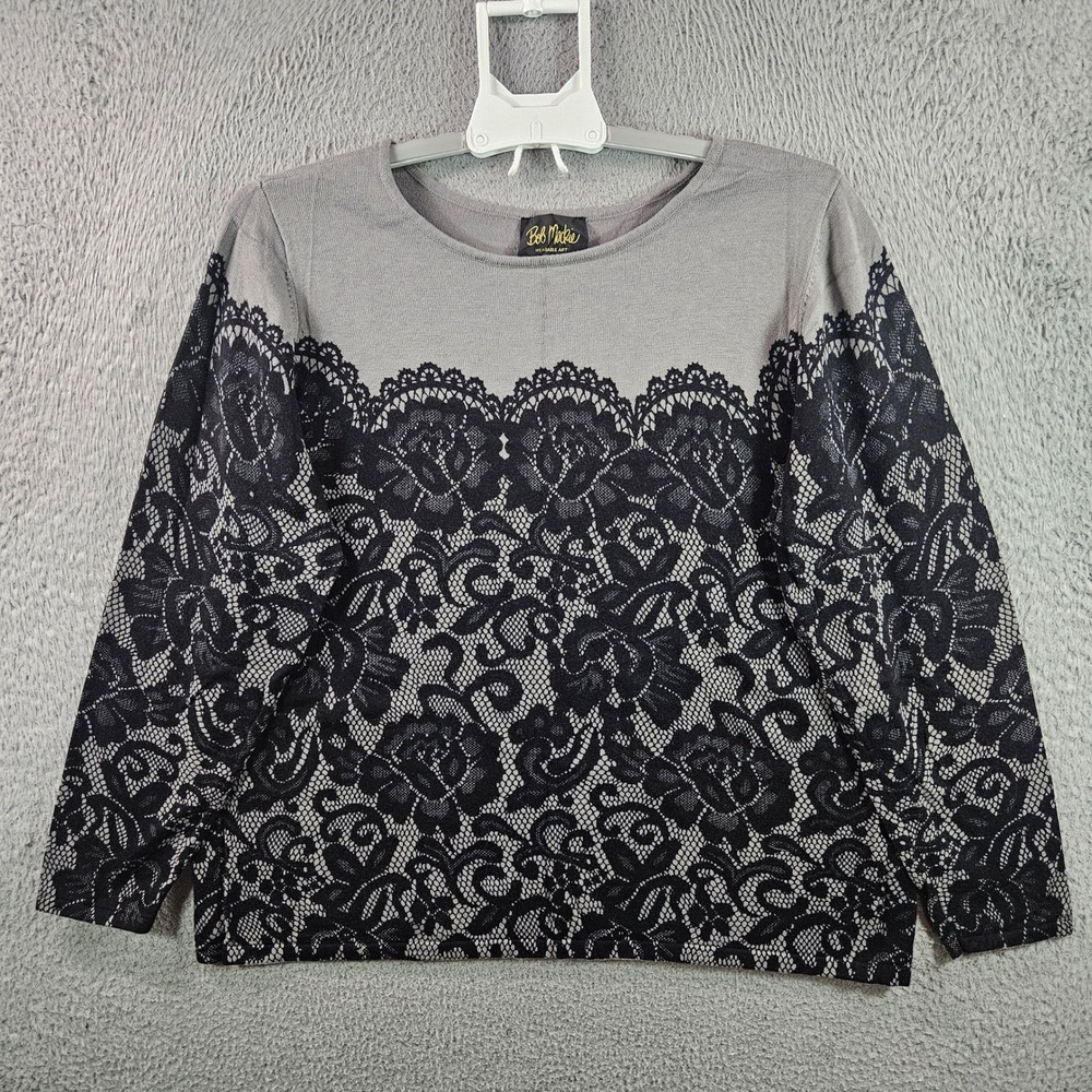 Bob Mackie Wearable Art Plus Sz 1X Gray Black Lace Rose Long Sleeve Sweater Top